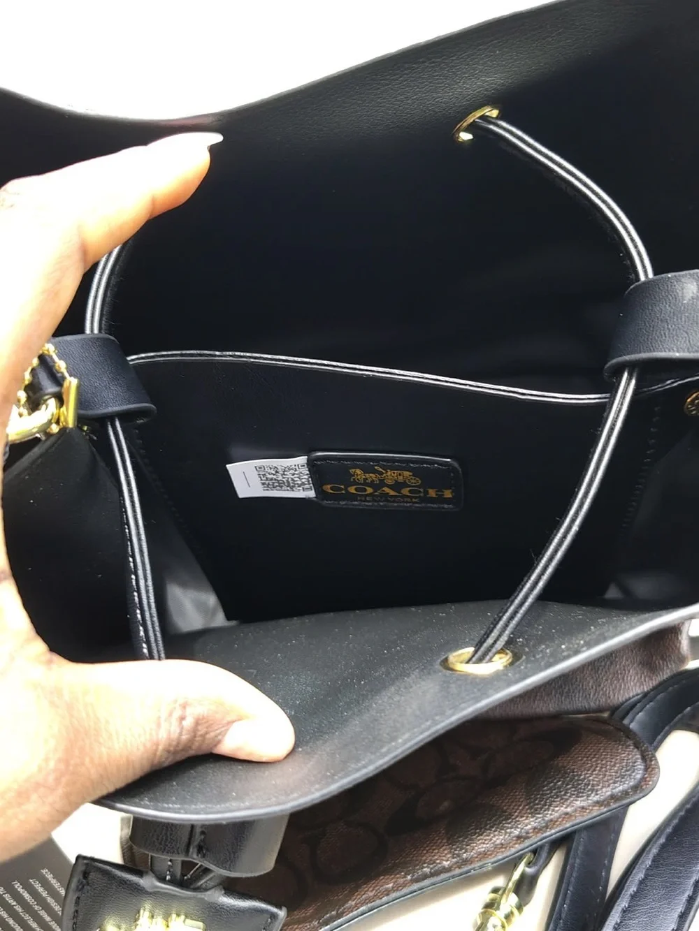 Coach Brown Signature Drawstring Tote with Black Trim and Gold Hardware